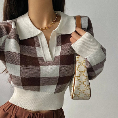 -Fall Outfits -Fall Outfits Long Sleeve Top Autumn Winter Vintage Knitwear Crop Tops Women Pullover Sweaters Fashion Female Long Sleeve Elastic Casual Plaid Knitted Shirts