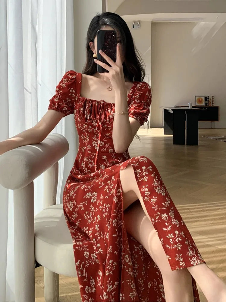 vmtvr Women's Vintage Slim Split Maxi Dress Floral Casual Red Dress Female Fashion Korean Chic Boho Beach Party Spring Summer New