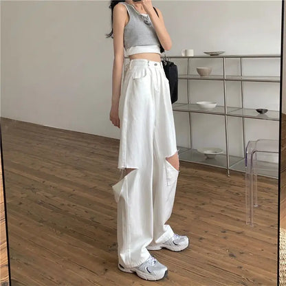 vmtvr Y2K Women Solid White Jeans Korean Retro Ripped Female Denim Trousers Summer Fashion Streetwear Loose Wide Leg Pants