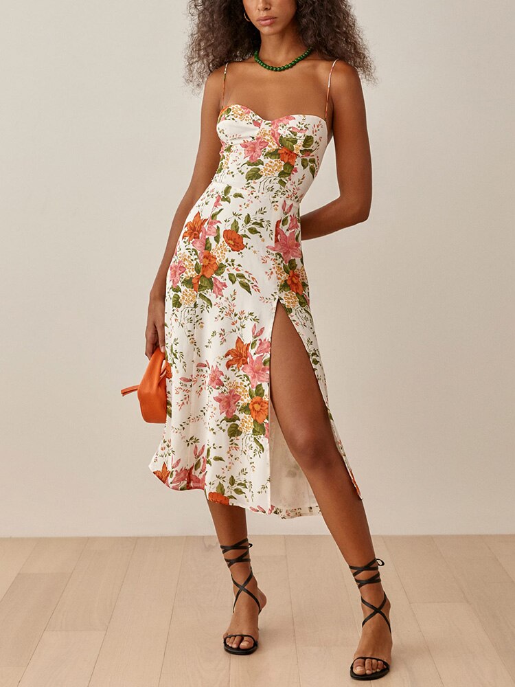 vmtvr Summer Dresses For Women Elegant Vintage Floral Print Dress Sweetheart Neck Spaghetti Strap Midi Dress With Slit Sundress