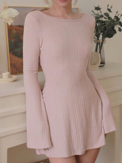 vmtvr - Backless Chic Solid Long Sleeve Autumn Dress Women Korean Fashion Basic Mini Dresses Slim Elegant Clothes Ladies Robe