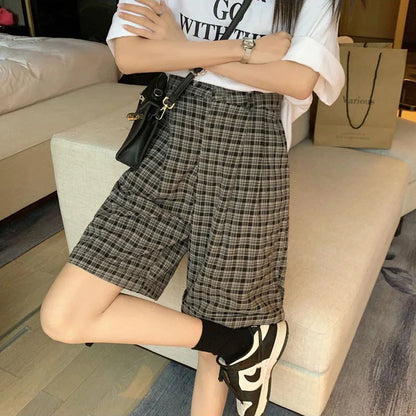 vmtvr Y2K Women Summer Plaid Short Pants Korean Casual Streetwear Loose Straight Leg Pants Fashion Female High Waist Shorts