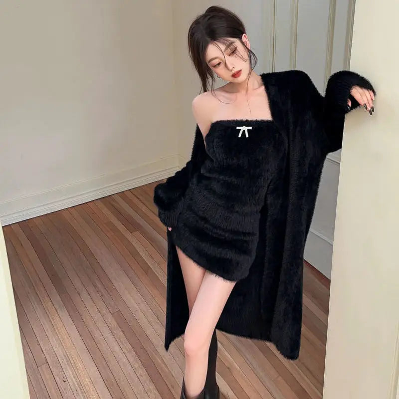 vmtvr  -  Two-piece Suit Dress Skirt Sets Women Autumn Winter Mink Cardigan Mini Dress Y2k Sexy Slim White Black Suit Streetwear Sweater