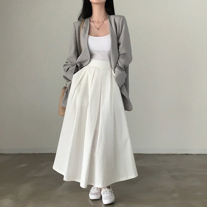 vmtvr Elegant Women White Long Pocket Skirts For Female Casual Loose A-Line High Elastic Waist Midi Skirt 2024 Spring Summer L986