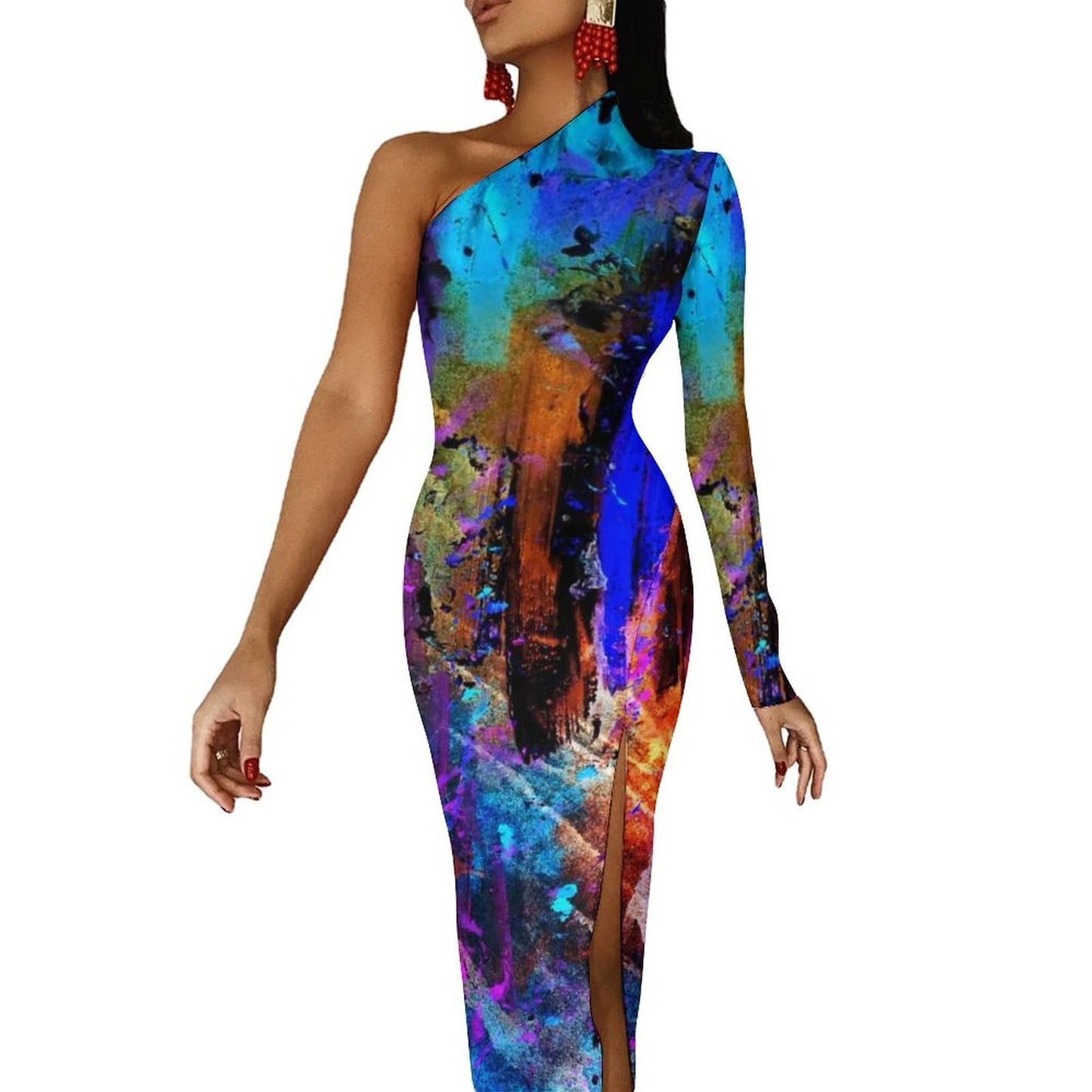 Rainbow Colors Maxi Dress Long Sleeve Colorful Aesthetic Cute Bodycon Dress High Slit Party Long Dresses Women Pattern Vestidos