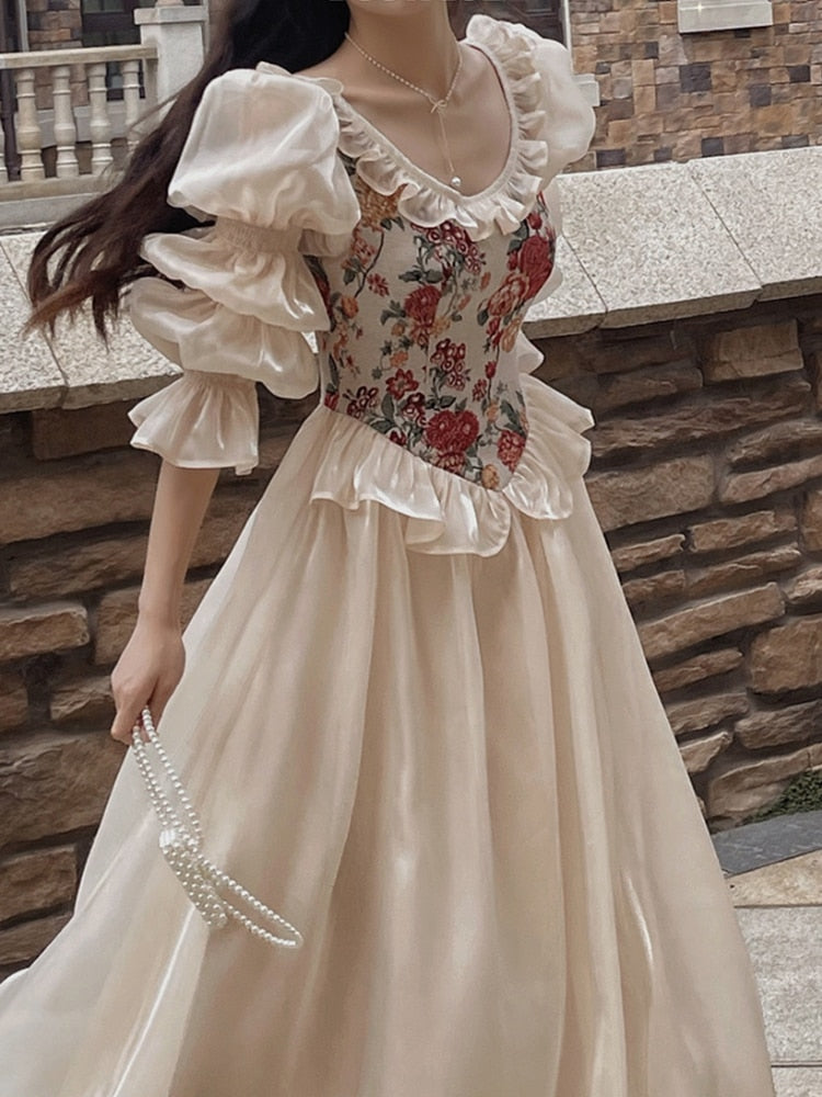 vmtvr French Vintage Print Floral Dress Women O-neck Elegant Evening Party Midi Dress Female Puff Sleeve Korea Fairy Dress Autumn