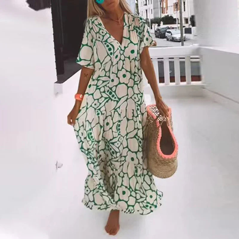 vmtvr Bohemian Pattern Print Loose Long Dress Women Spring V Neck A-Line Office Maxi Dress Summer Short Sleeve Casual Beach Dress