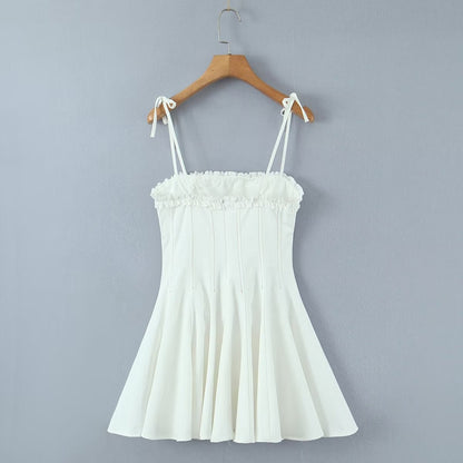 Summer 2023 Women Cotton White Sling Mini Dress Sexy Sleeveless Ladies Slim Waist Swing Party Skater Bridesmaid Robe