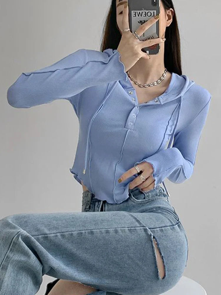 -Fall Outfits -Fall Outfits Long Sleeve Top -Crop Tops Women T-shirts Hooded Sweatshirt Long Sleeve Tees Y2k Clothes Korean Casual Woman Tshirts Poleron Mujer