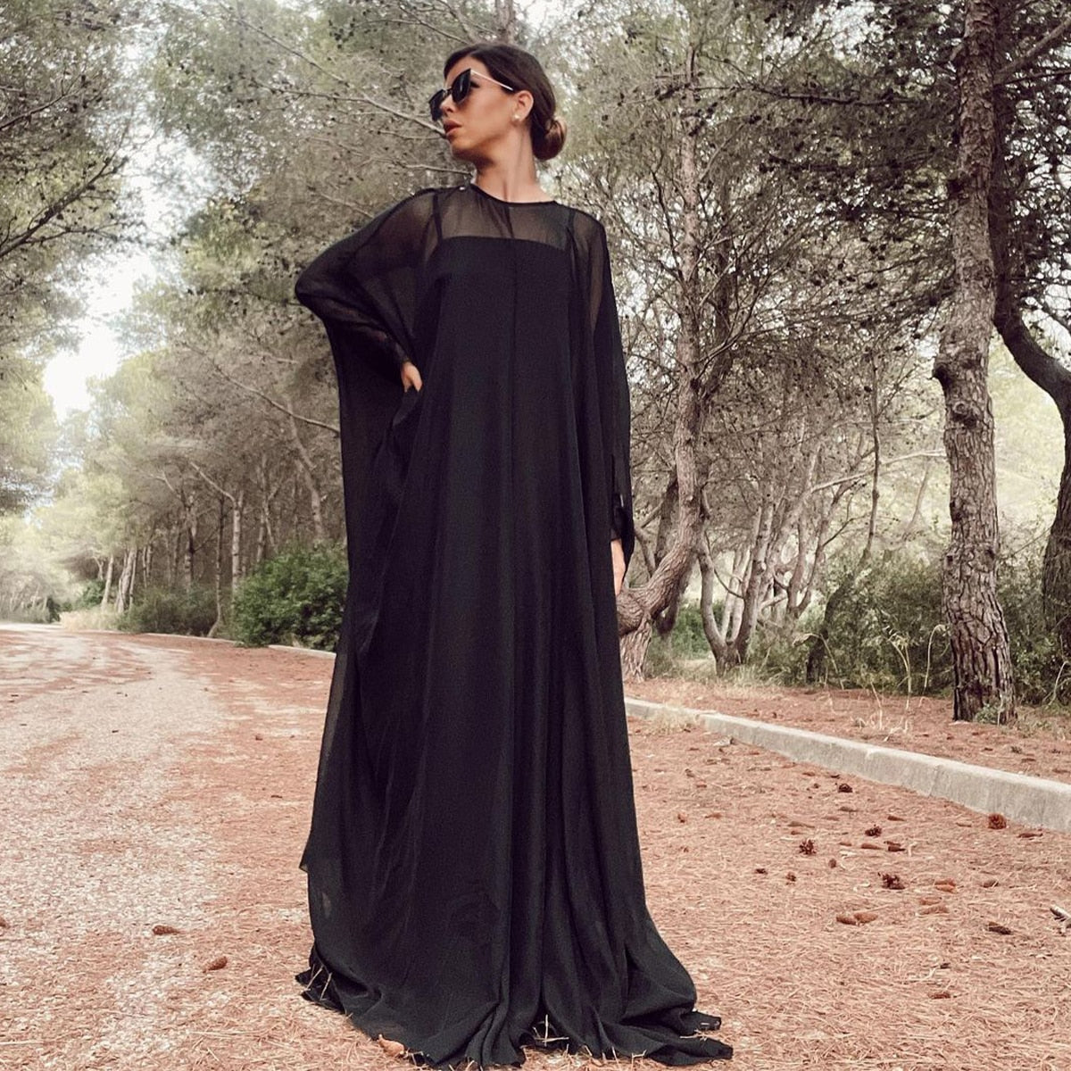 vmtvr - Female Elegant Party Black Simple Two Pieces Inner Slip Dress+See Through Outer Cape Maxi Dresses For Women  New