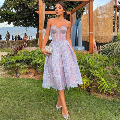 vmtvr  Spring Summer Formal Evening Dress Women's Lace Embroidery Strapless A-line Tunic Midi Birthday Party Dresses White Purple