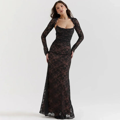 vmtvr Elegant Vintage Hollow Out Lace Maxi Dress Long Sleeve Cape 2 Piece Set Birthday Outfits Gown Slip Dresses Bandage