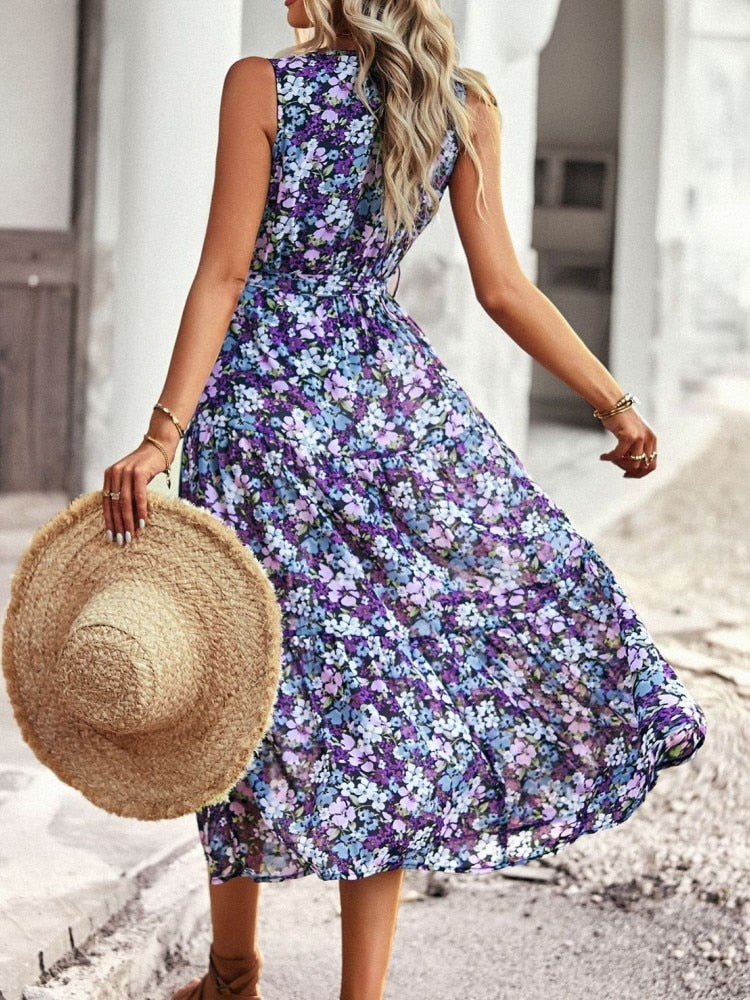 Vintage Floral Print Sleeveless Summer Dress Women Elegant V-neck Ruffles Sashes Midi Dress  Fashion Vacation Sundresses