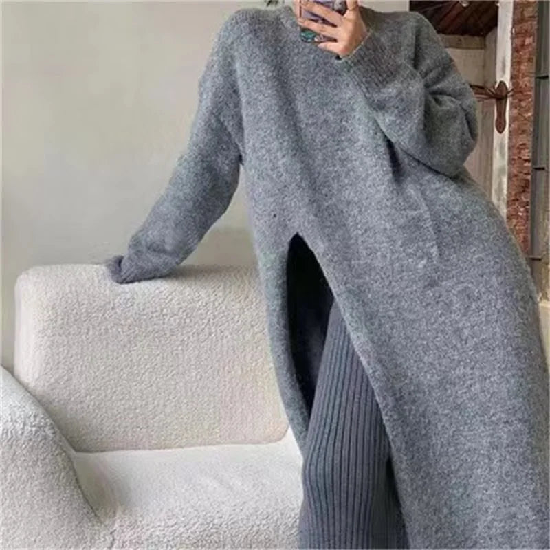 vmtvr Women's Side Split Knitted Sweater Dress Autumn Winter Solid Design Woolen O-Neck Long Sleeve Dress Loose Fashion Midi Robe