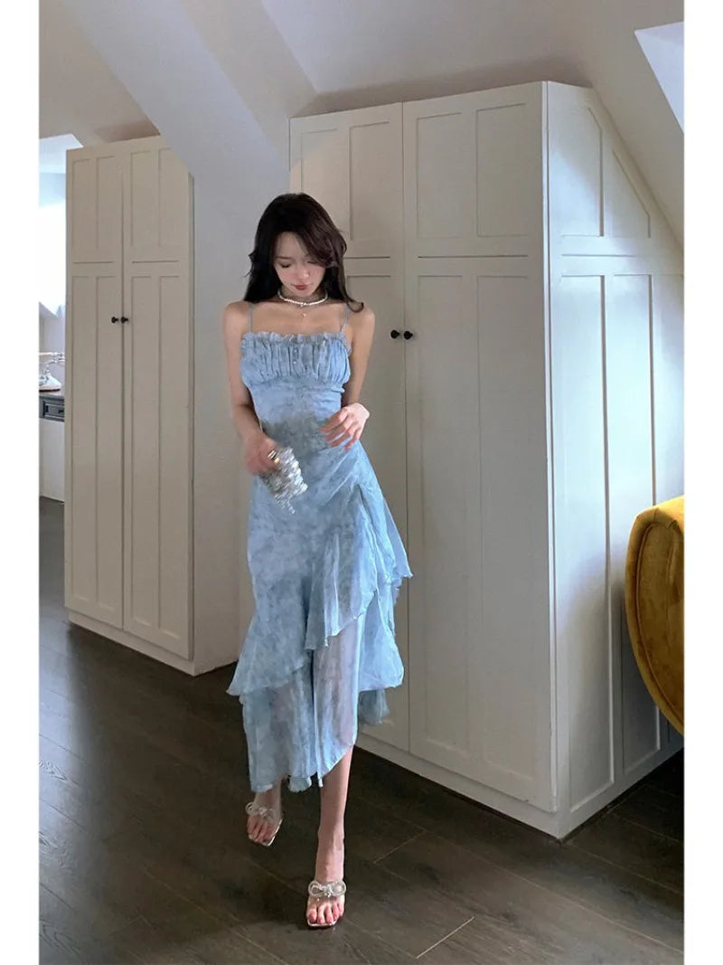 vmtvr  -  Korean Fashion Blue Floral Chiffon Camisole Dress with Summer Irregular Holiday Style Slit Long Dress Female Clothing