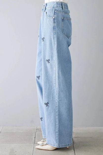 vmtvr Stylish Women Embroidery Bow Denim Wide Leg Pants Ladies High Waist 2024 Spring Summer Loose  Jeans Trousers