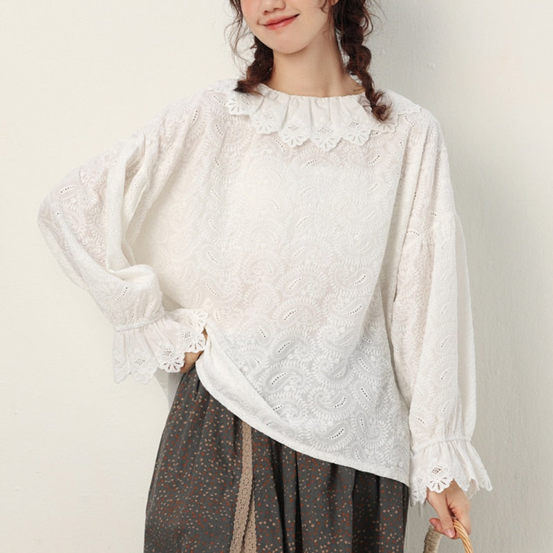 Spring Autumn Sweet Fresh Embroidered Shirt Women Clothing Petal Sleeved Loose Blouse Mori Girl Feminine Cute Tops K062