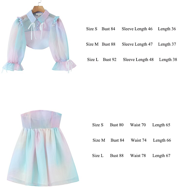 Women Gradient Rainbow Print 2pcs Organza Dress Bow Bandage Rope Puff Sleeve Lapel Crop Top Ball Gown Party Mini Fairy Robe