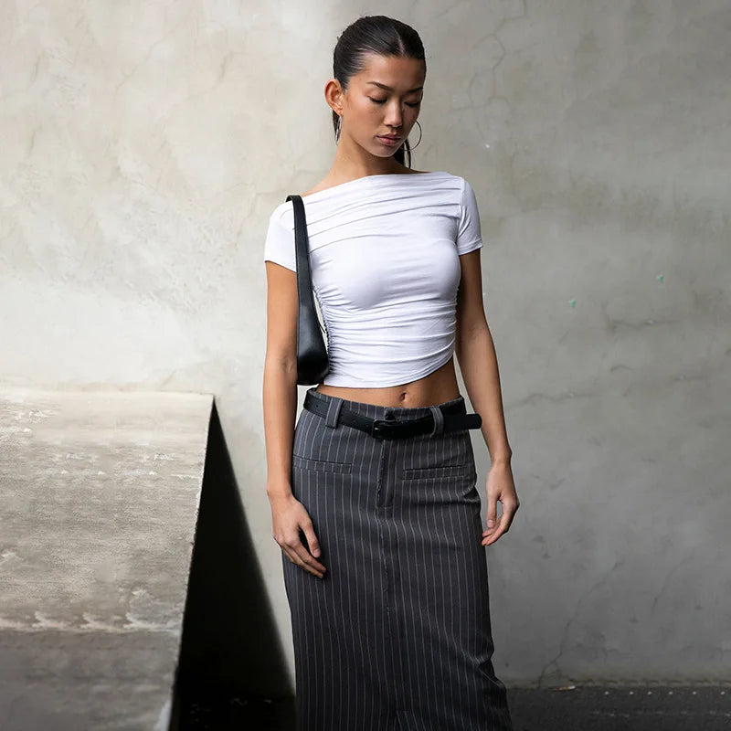 vmtvr 2024 Summer New T-shirt Women Sexy Short Sleeve Tees Slash Neck Folds Crop Top Casual Fashion Streetwear Bodycon Solid T-shirts