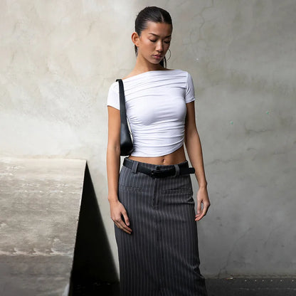 vmtvr 2024 Summer New T-shirt Women Sexy Short Sleeve Tees Slash Neck Folds Crop Top Casual Fashion Streetwear Bodycon Solid T-shirts
