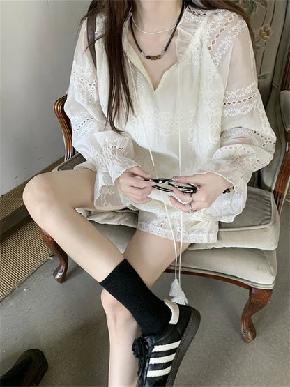 vmtvr White Women Suits Hollow Out Flare Full Sleeve Blouses Summer Office Wear Sweet Casual New OL Wide Leg Loose Shorts