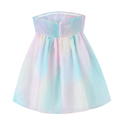 Women Gradient Rainbow Print 2pcs Organza Dress Bow Bandage Rope Puff Sleeve Lapel Crop Top Ball Gown Party Mini Fairy Robe