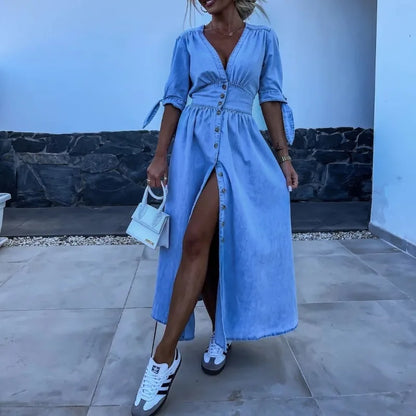 vmtvr  -  Spring Summer New Women's Clothing Fashion Sexy V-neck Long Button Denim Dress Long Maxi Loose Dress