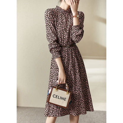 vmtvr - Floral Printed Midi Dress for Women  Spring Autumn Fashion Ruffled Collar Long Sleeve Belted Vintage Elegant Dresses