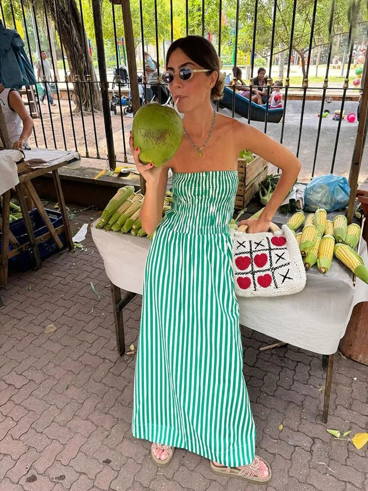 vmtvr  -  Green Striped Strapless Dress Women Elegant Casual Loose Long Beach Holiday Dresses Summer Fashion Folds Bohemia Outfits