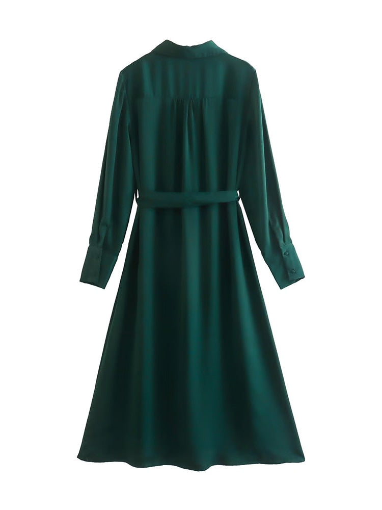 vmtvr  New Spring Women With Blet Green Satin Shirt Dress Long Sleeve Female Midi Vestidos