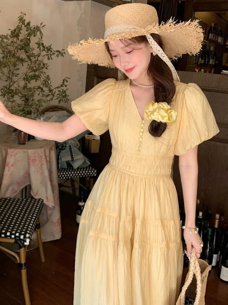 vmtvr Women Dress French Puff Sleeve Vintage V-neck Yellow Vestidos A-line Female Robe Summer Elegant Slim Waist Lady Chic Clothing