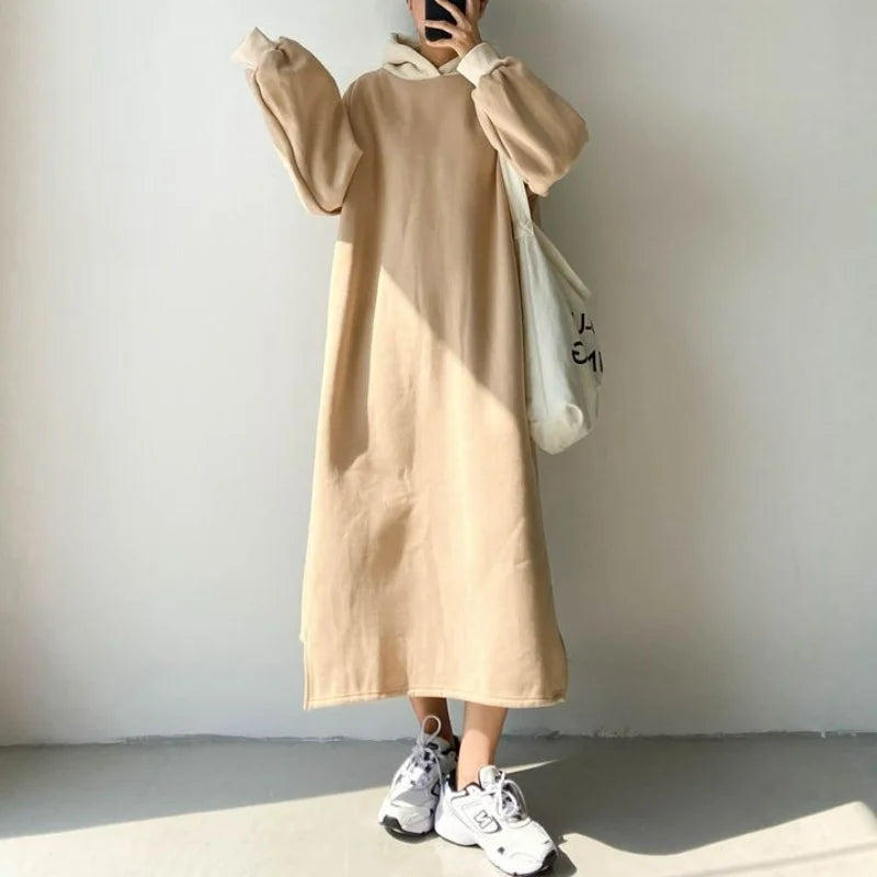 vmtvr Winter Fleece Thickened Dress Women's Solid Hooded Drawstring Korean Vintage Warm Casual Loose Versatile Side Split Dresses