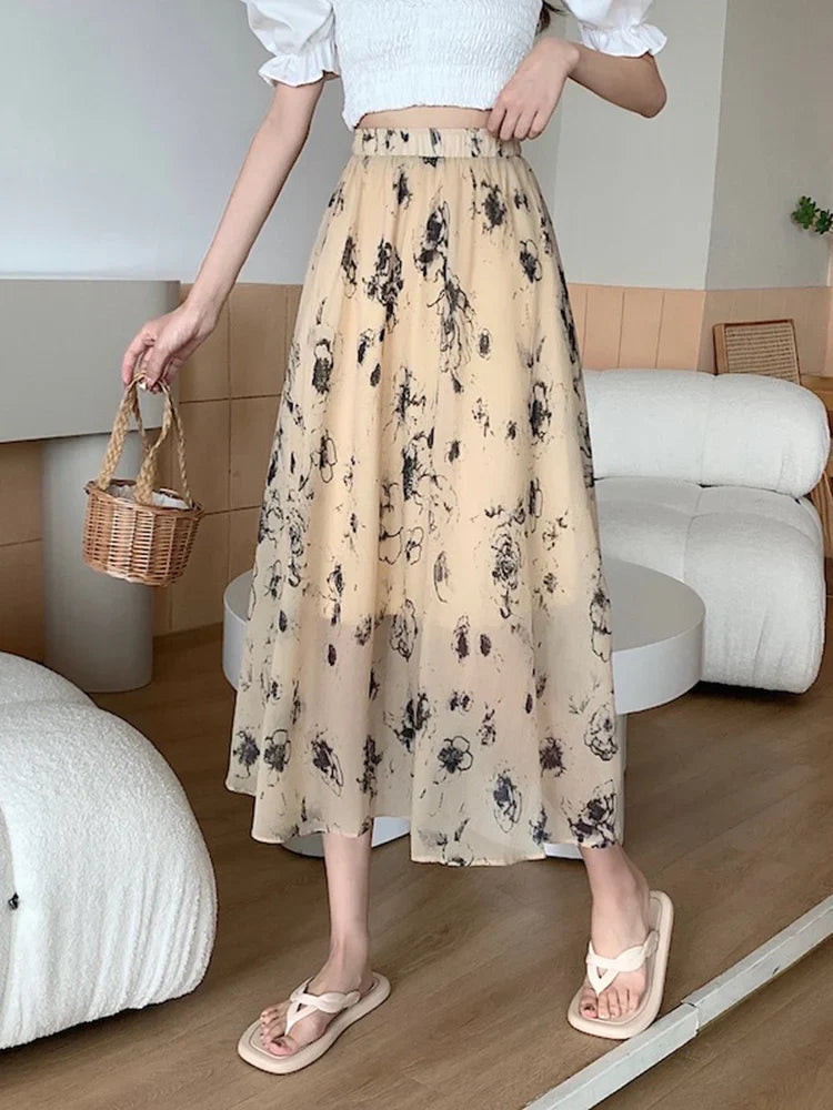 vmtvr Vintage Print Floral Women Skirts Elastic High Waist Elegant A Line Ladies Midi Skirts Summer Korean Casual White Skirt