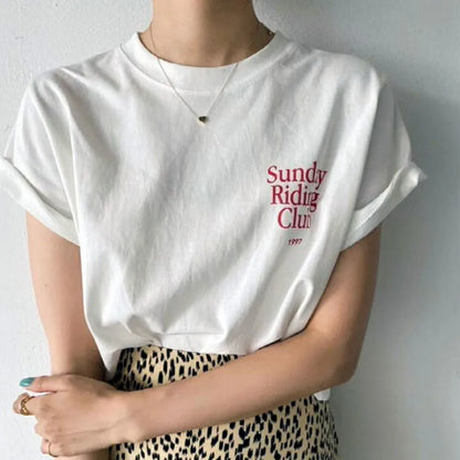 -Retro sports style outfit streetwear 90s fashion Sunday Riding Club 1997 Letters Printing Women T Shirts Summer Short Sleeve Loose Kpop Tops Cotton Loose Casual Tee Shirts