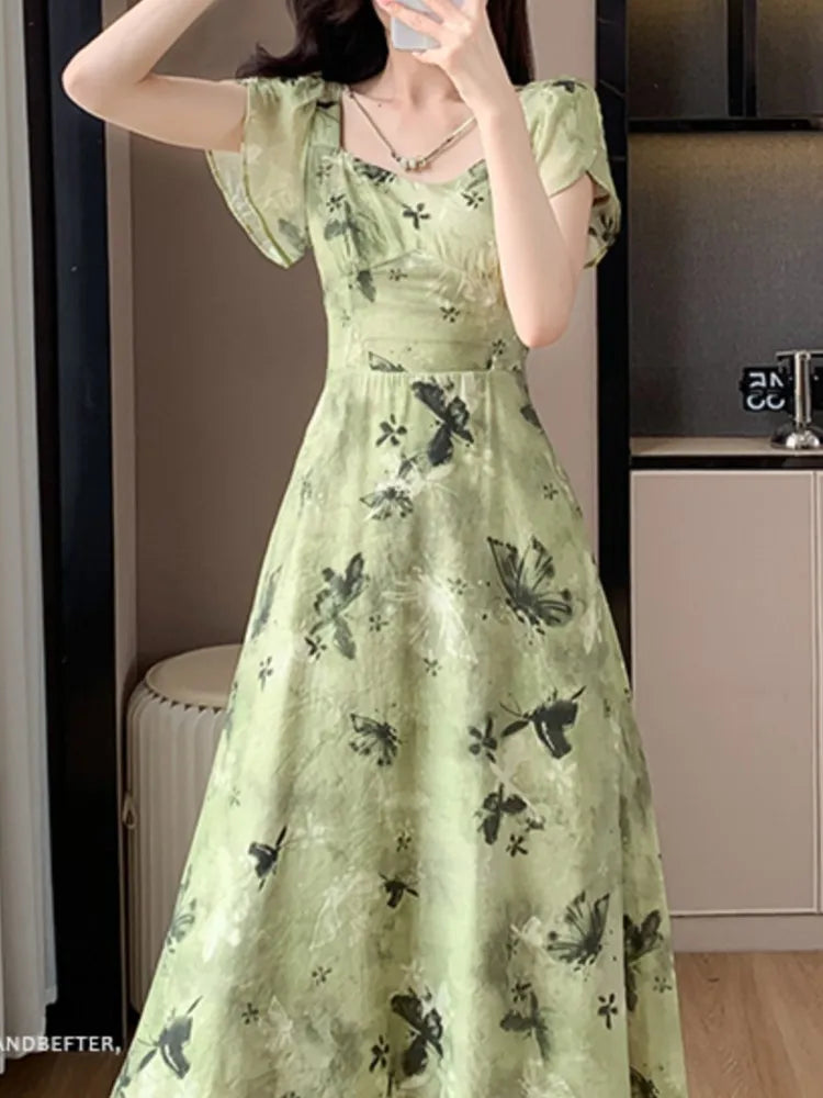 New Women Vintage Floral Print Midi Green Dress Elegant Chic A-Line Party Evening Clothes Female Fashion Casual Vestidos Robe