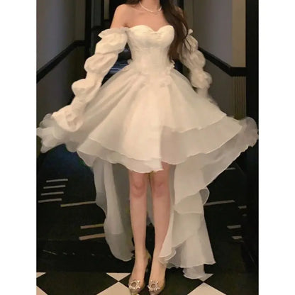 vmtvr Elegant Ruffles Chic Fairy Dress Women White Sweet Korean Style Princess Dress Female Summer Slash Neck Casual Party Dress