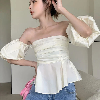 vmtvr Sexy Off Shoulder Women T Shirts Korean Fashion Folds Puff Sleeve Tops Summer Female Elegant All Match Tees New