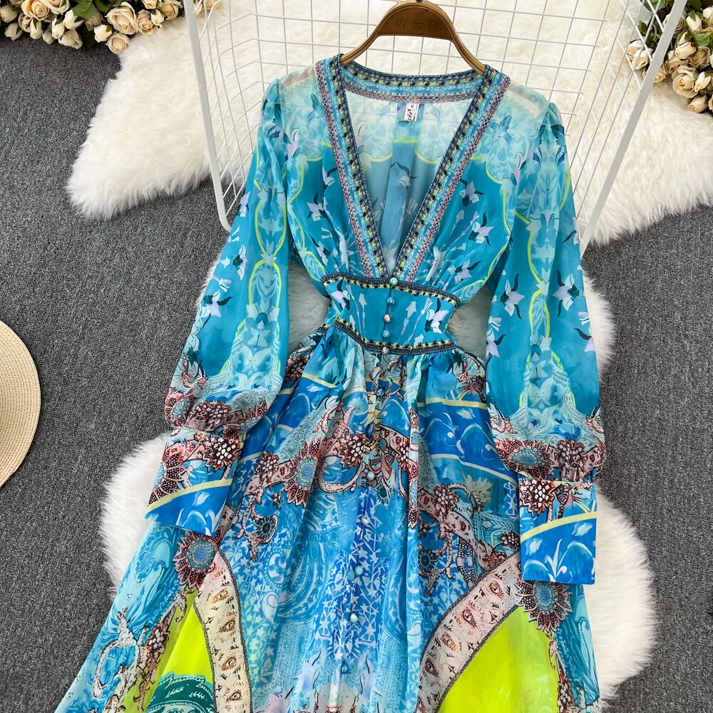 Spring Autumn Elegant Blue Maxi Dresses for Women Printed Boho Chiffon Thin Female Long Robe Beach Vacation Deep V-Neck Sexy New