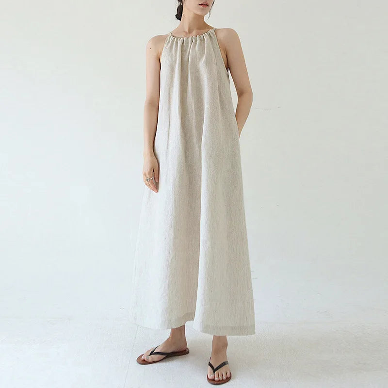 vmtvr Summer 100% Linen Elegant Dresses Women Sexy Sleeveless Halter Bandage Long Midi Boho Beach Party Dresses For Lady Colthes