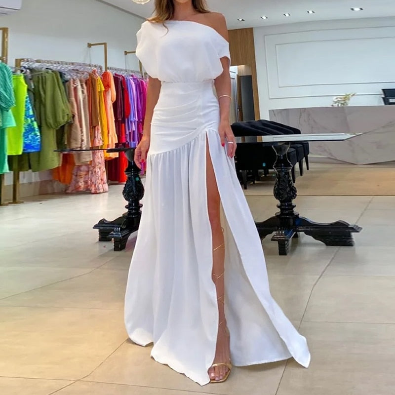 Women Maxi Dress Summer Fashion Casual Solid Nipped Waist Slim Slanted Shoulders Pleated Slit Evening Party Dresses