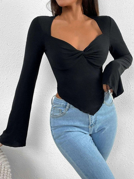 -Fall Outfits Long Sleeve Top  Long Flare Sleeve V-neck Low Cut T-shirts Tops for Women Front Ruched Criss-cross Solid Slim Fit Irregular Hem Tees