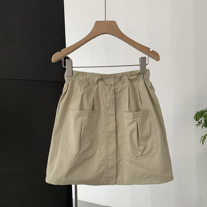 vmtvr High Waist Women Cargo Skirts Korean Fashion Drawstring Streetwear Mini Skirts Summer Casual Female Pocket A Line Skirts