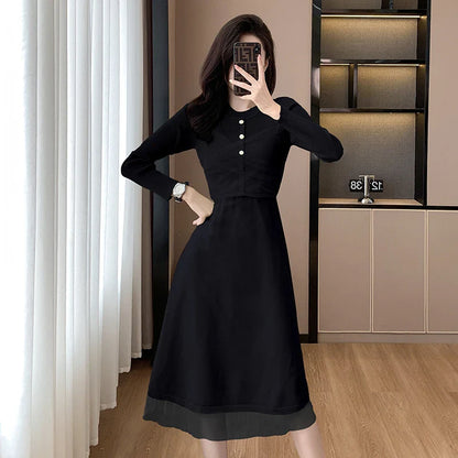 vmtvr Women Sweater Knitted Dress Autumn Winter Women Elegant Mesh Patchwork Long A-Line Dress Femmel Pullover Slim Knitted Dress