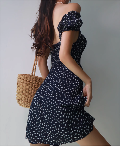 - Retro Sexy Navy Blue Floral A-line Dress  GEU473