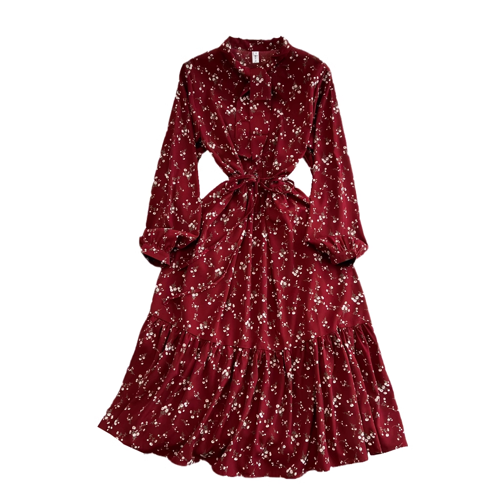 vmtvr- Lantern long-sleeved stand-collar mid-length a-line ruffle floral dress GEU585