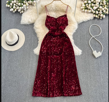 - Sleeveless mid-length a-line sparkling sequin suspender dress GEU840