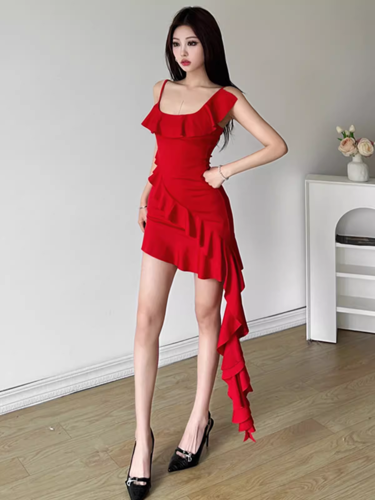 - Red irregular sexy short dress GEU1326