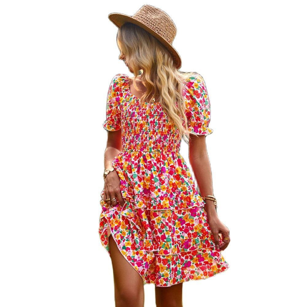 vmtvr - Fashion Ladies Short Sleeve Casual Beach Dresses For Women 2023 Floral Casual Mini Summer Boho Woman Dress Elegant Clothes Robe