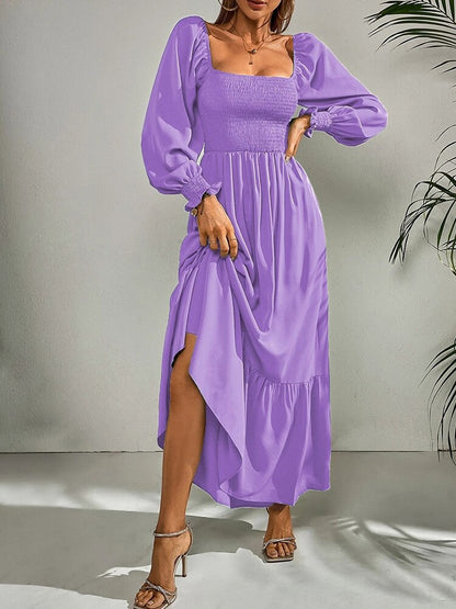 Women Fashion Panelled Midi Dress Vintage Square Neck Long Puff Sleeve A Line Female Dresses Vestidos Mujer