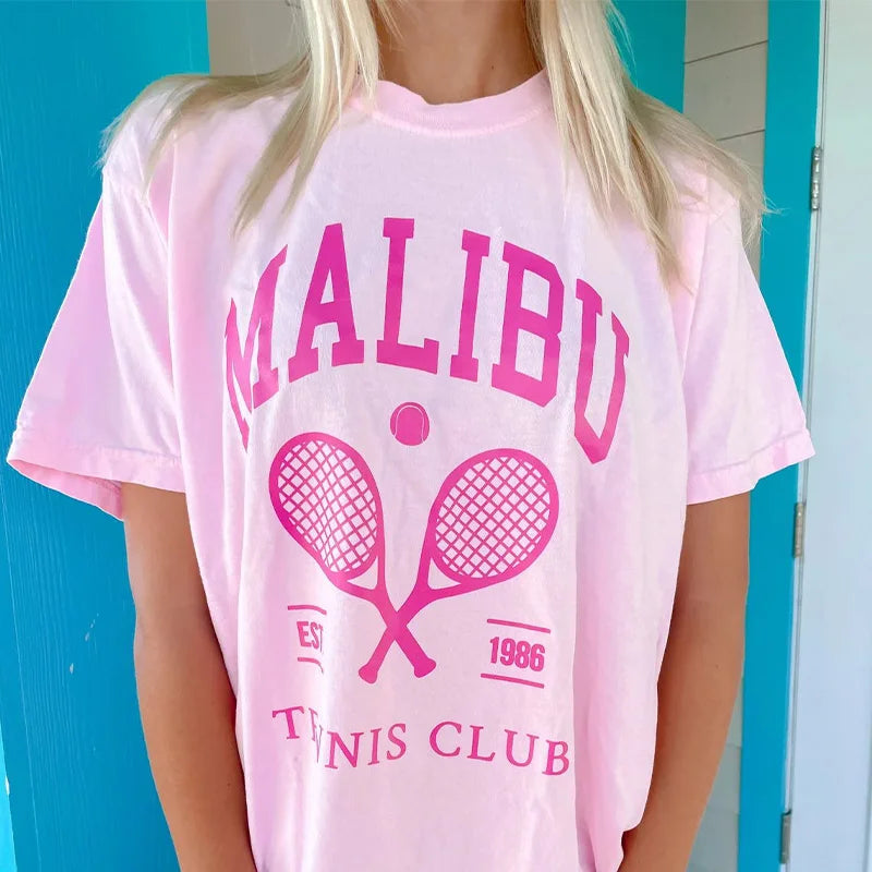 -Retro sports style outfit streetwear 90s fashion Calelinka American Malibu Tennis Club Women Y2K Pink T Shirts For Female Short Sleeve Loose Cotton Summer Casual Printing Tees